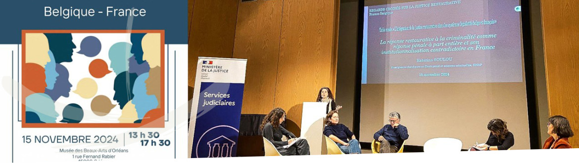 Affiche de présentation de la journée accolée à une photo de Madame SOULOU pendant son intervention